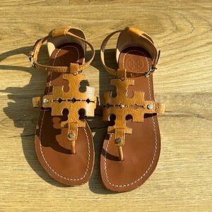 Tory Burch Phoebe Leather Flat Ankle Strap Sandals